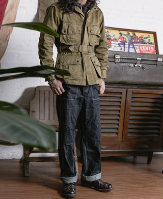 Khaki green paratrooper jacket with front zip, belted waist, and flap pockets
