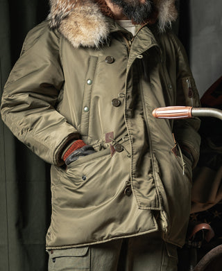 Olive Type N-3 parka close-up: snap placket, flap pockets, and fur hood trim