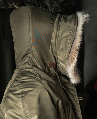 Olive Type N-3 parka hood lining with tan fur trim and inner jacket panel