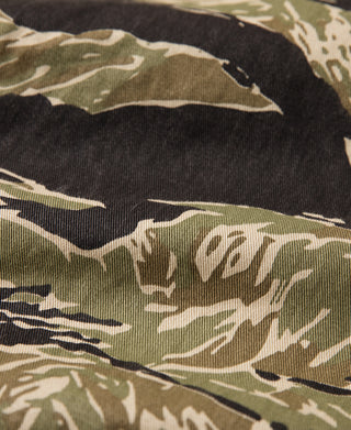 Tiger stripe camo field jacket fabric panel closeup