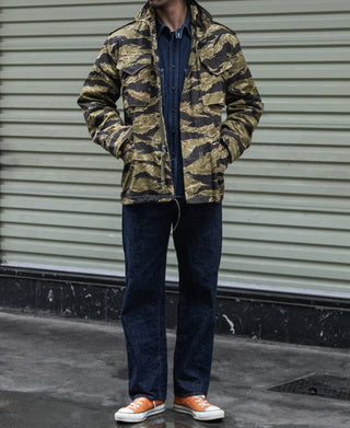 Tiger stripe camo field jacket with front zipper and standing collar