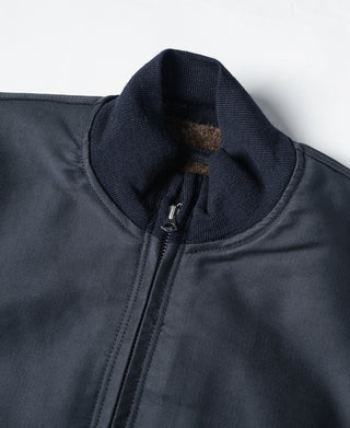 Navy deck jacket high collar with zip front and dark knit trim
