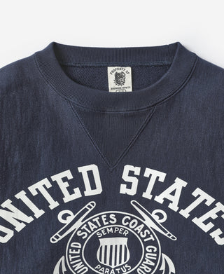 Navy sweatshirt close-up of “UNITED STATES” and Coast Guard badge screen print
