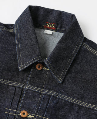 Selvedge denim jacket collar close-up with brown button and contrast stitch lines