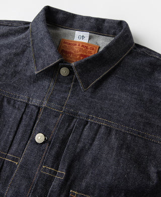 Indigo denim jacket close-up of point collar, top button, and yoke stitching