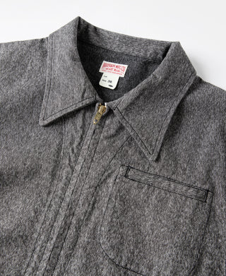 Salt & pepper cossack jacket with stand collar, chest pocket flaps, and size tag