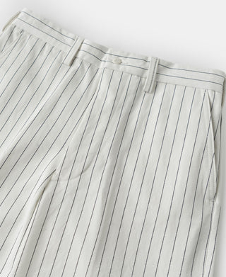 White pinstripe trousers waistband with buttoned closure and belt loops