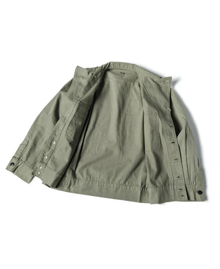 Olive fatigue jacket interior view with button placket and front pocket openings