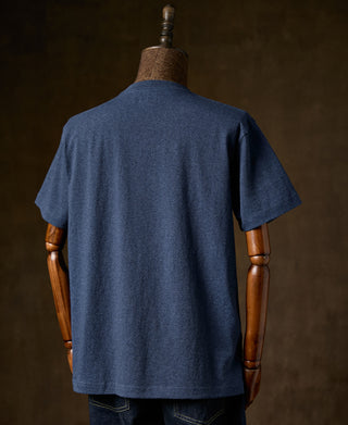 Denim blue cotton T-shirt back view on mannequin, short sleeves