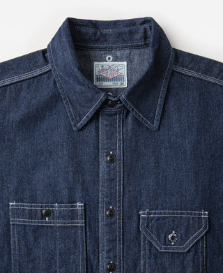 Dark blue denim workshirt collar with button placket and chest flap pockets