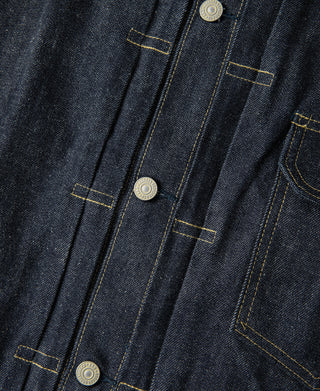 Indigo denim jacket placket with metal snap buttons and topstitched panels