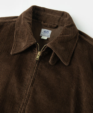 Brown corduroy zip-up jacket with pointed collar and front zipper placket.
