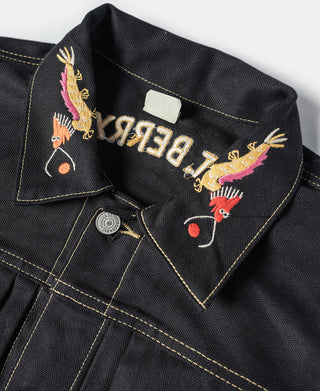 Black embroidered tour jacket collar with colorful animal appliques