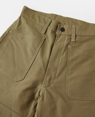 Khaki deck pants close-up: belt loops, button fly, and flap pocket