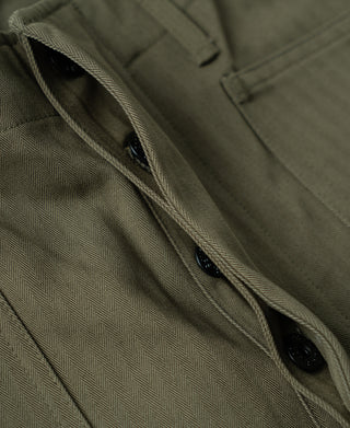 Olive HBT utility trouser fly with front button and side pocket detail