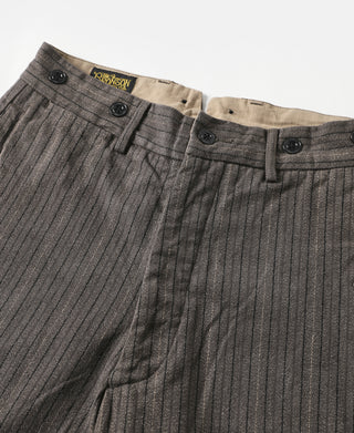 Dark gray pinstripe pants waistband with black button and stitched pleats