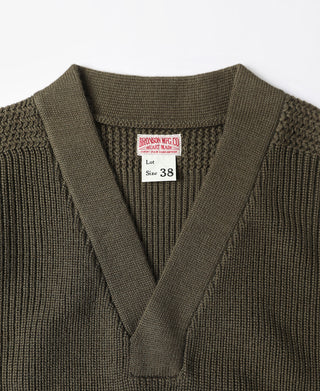 Olive V-neck mechanics sweater neckline with size tag