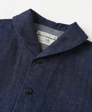Indigo denim jacket with stand collar, dark buttons, and woven interior neck label