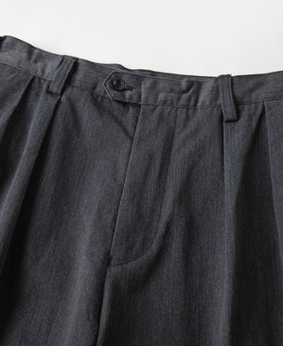 Dark gray chino waistband with button closure and double pleats down the front