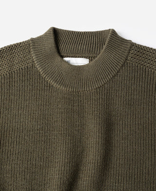 Olive crewneck wool sweater neckline with ribbed collar and textured knit.