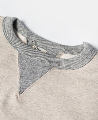 Oatmeal fleece sweatshirt neckline with gray ribbed collar and V seam