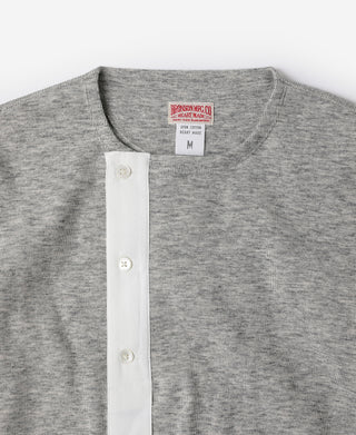 Gray heather side-opening henley shirt with white button placket, short sleeves