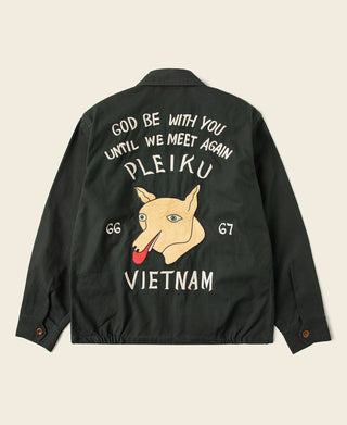 Dark green souvenir jacket, back graphic with dog, text, and Vietnam print