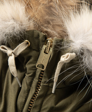 Olive parka close-up: front zip with metal pull and faux fur hood edge