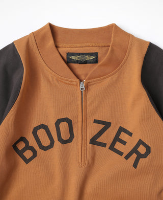 Orange quarter-zip long-sleeve T-shirt with dark sleeves and “BOO ZER” front graphic