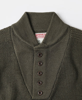 Olive wool high-neck sweater close-up with four-button placket