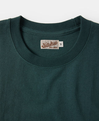 Dark green cotton crew-neck t-shirt with brand label at the inside collar