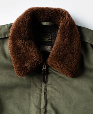 Brown shearling-style collar on olive flight jacket with visible top label