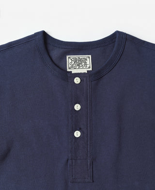Navy henley t-shirt neckline with three-button placket, Bronson Mfg Co. tag
