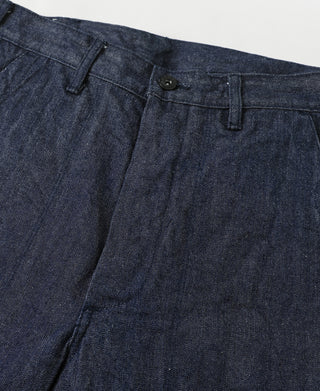 Indigo denim trouser waistband with drawstring and button closure