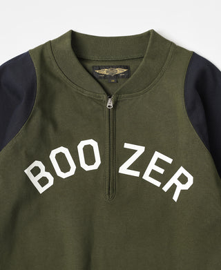 Olive quarter-zip long-sleeve t-shirt close-up of Boo Zer front graphic