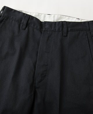 Black work pants waistband with belt loops and centered front closure