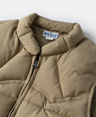 Khaki quilted padded vest with stand collar and zip front, inside tag