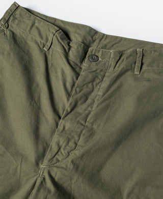 Olive fatigue pants waistband with button closure and slant front pocket