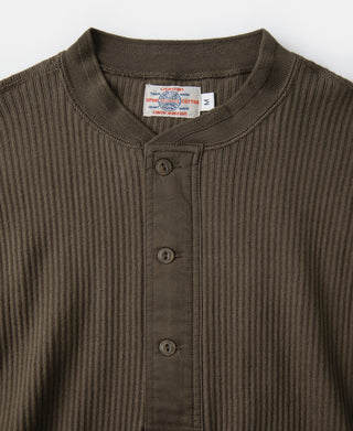 Olive-brown ribbed long-sleeve henley with three-button front and stand collar