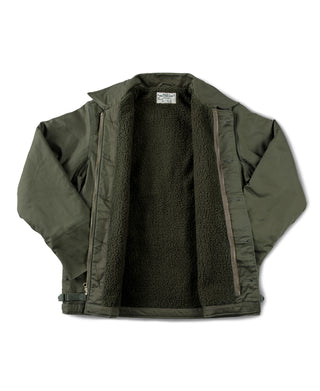 Olive A-2 deck jacket with sherpa lining and front snap placket