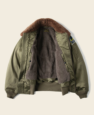 Olive shearling-collared flight jacket, front open showing dark lining