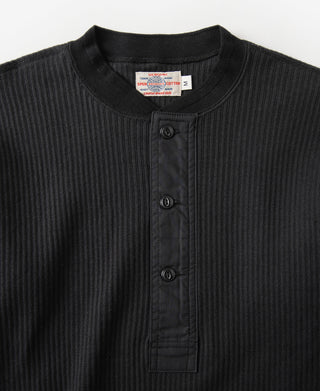Black ribbed henley neckline with button placket and short stand collar