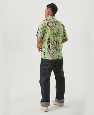 Light green aloha shirt back view with tiger and bamboo print, short sleeves