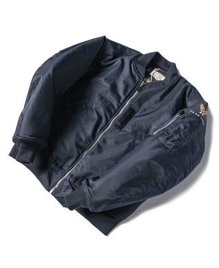 Navy bomber flight jacket with angled zip front and ribbed collar cuffs