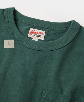 Green crew-neck T-shirt with brand label at neckline and size tag L