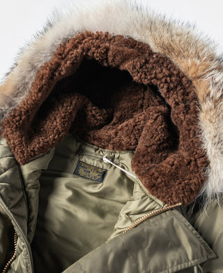 Type N-3 parka hood lining in olive with brown shearling-style fleece
