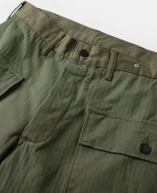 Olive fatigue trousers close-up of waistband, button fly, and cargo pocket flaps.
