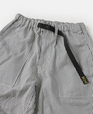 Striped waistband pants with elastic waist, black buckle, and drawstring