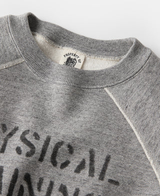 Gray sweater collar with ribbed crewneck and partial 'Physical Training' print.