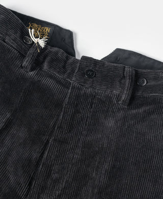 Corduroy waistband detail with buttoned fly and stitched pleats.